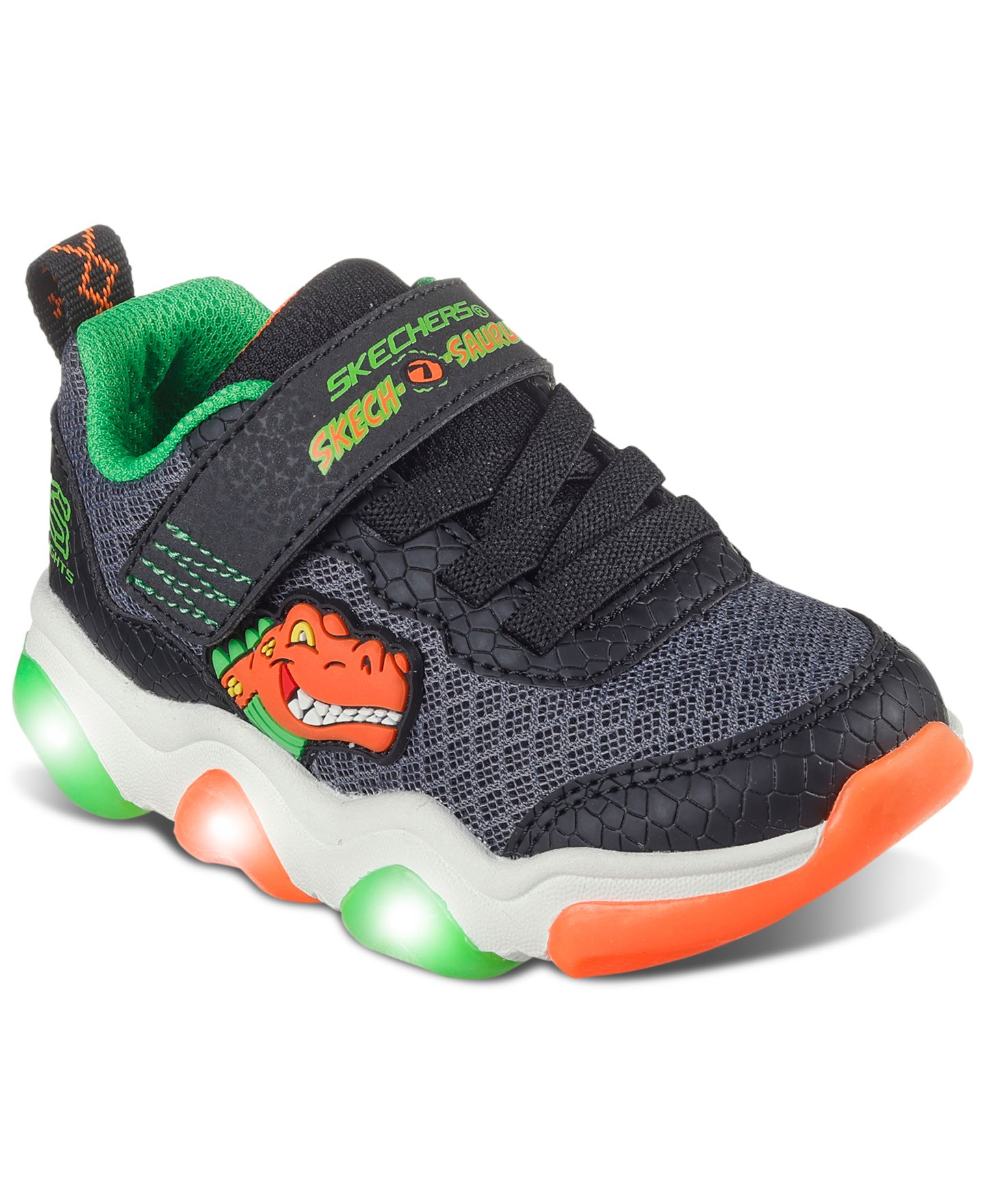 Детские кроссовки Skechers Mighty Glow 2.0 Dino Bolt со светом на липучках, цвет: Чёрный / Белый — фото 1