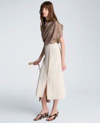 Women's Satin Dot Belted Drape Cowl Neck Top