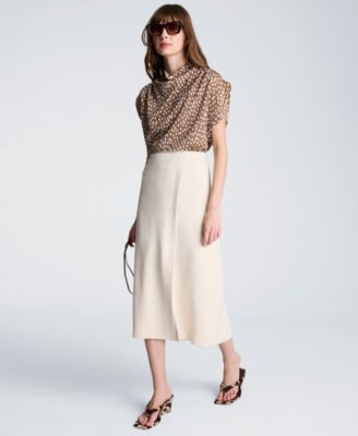 Women's Satin Dot Belted Drape Cowl Neck Top