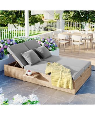 Gray Wicker Rattan Double Sunbed Recliners for 2