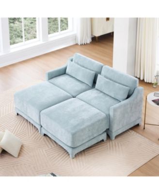 Chenille 2-Seater Sofa w/ Ottoman & Pillows - Sky Blue