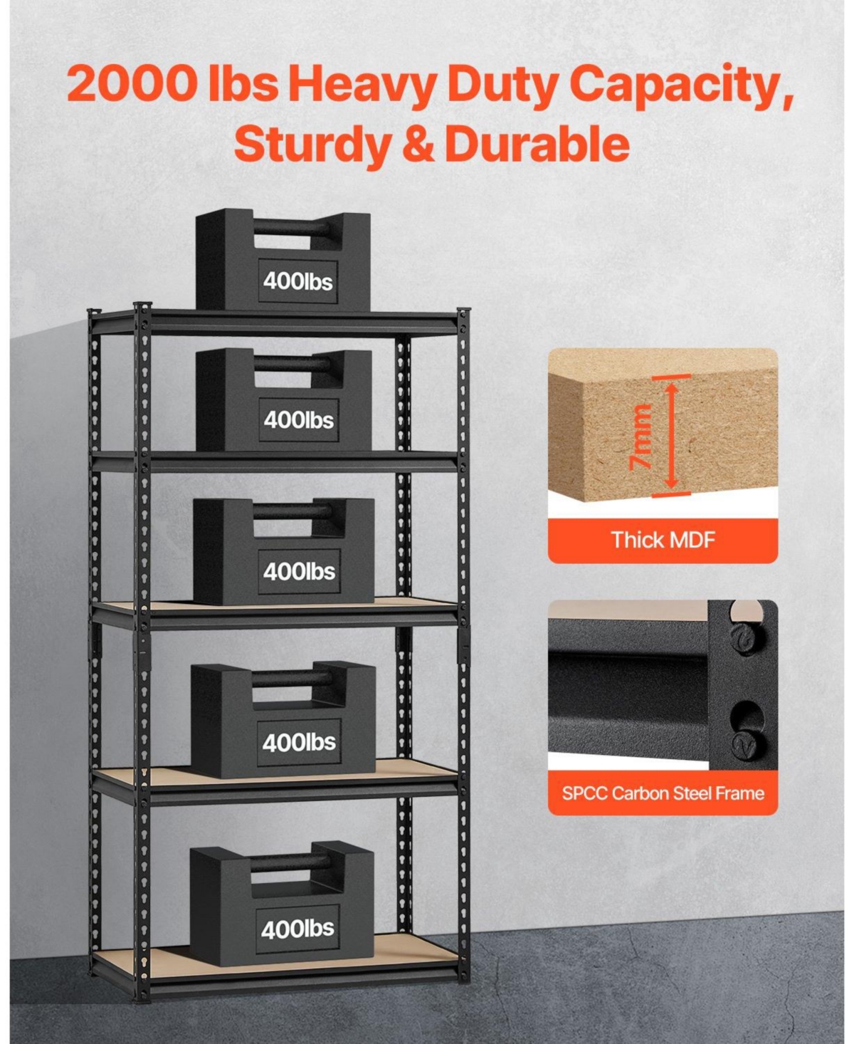 Mecale 5-Tier Storage Shelves, 2000-Lb Capacity, 16"D x 32"W x 62.8"H, Adjustable Metal Utility Rack, Black