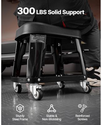 Mechanic Stool, 300lb, Swivel Seat w/ Wheels, Tool Tray & Rack, Black