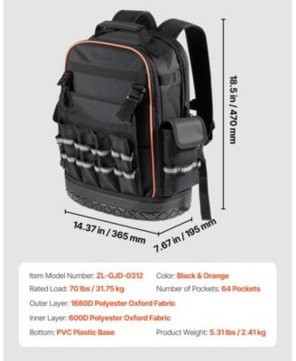Tool Backpack, 64 Pockets, Heavy-Duty Jobsite Backpack w/ Laptop Compartment & Molded Base, Tradesmen Bag