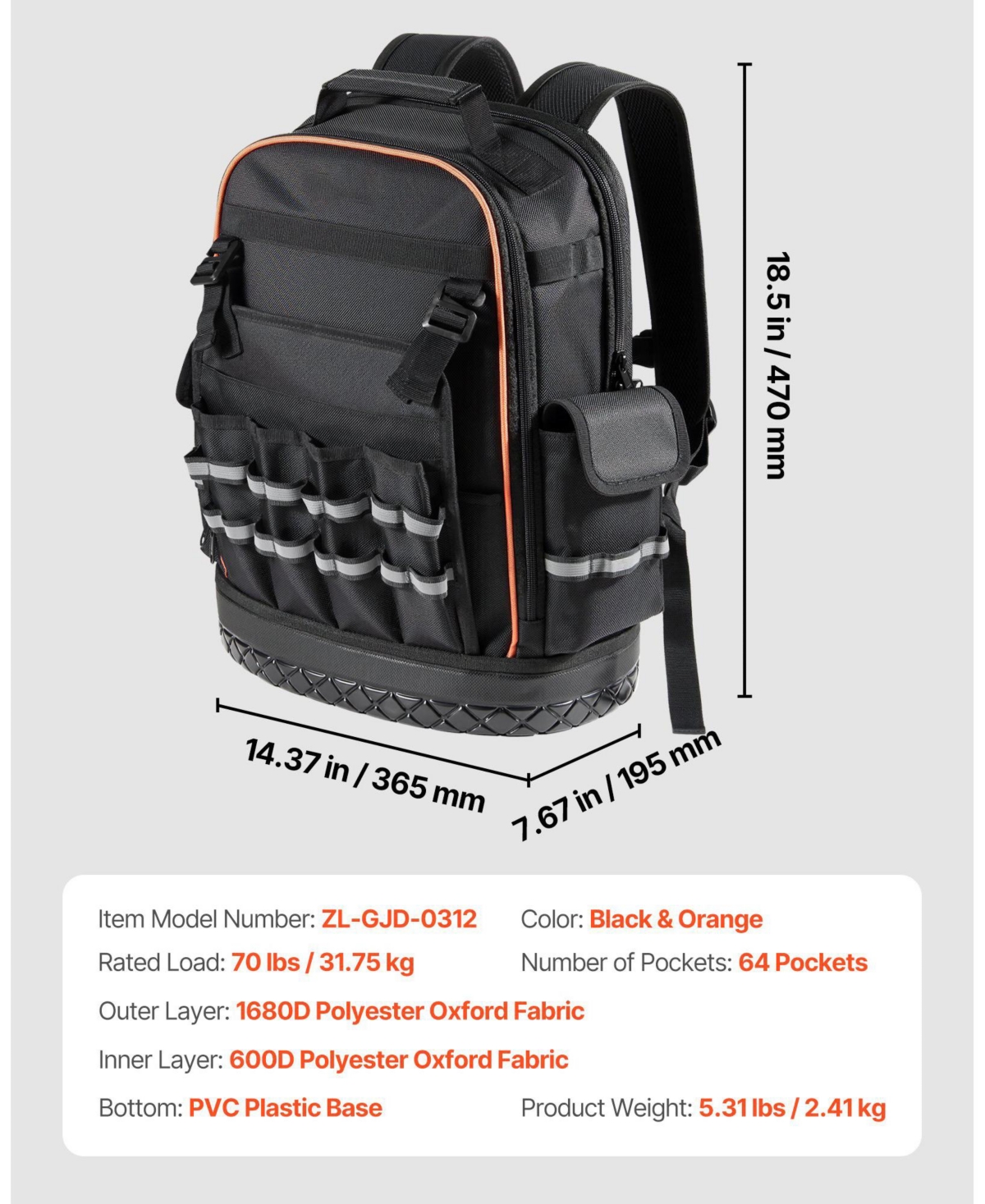 Mecale Tool Backpack, 64 Pockets, Heavy-Duty Jobsite Backpack w/ Laptop Compartment & Molded Base, Tradesmen Bag