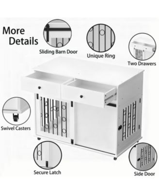  Dog Crate Furniture with Double Drawers and Sliding Barn Door in White