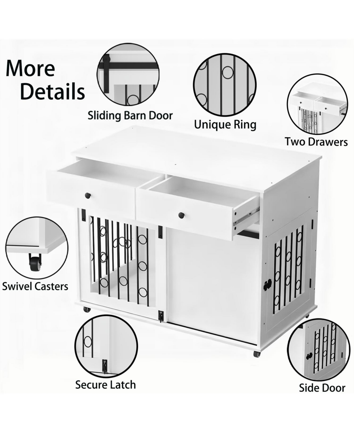 Aostirmotor Dog Crate Furniture with Double Drawers and Sliding Barn Door in White