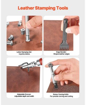 Leather Working Tools Kit, 61-Piece Leather Craft Set w/ Canvas Storage Bag, Punching, Sewing, Stamping & Sanding