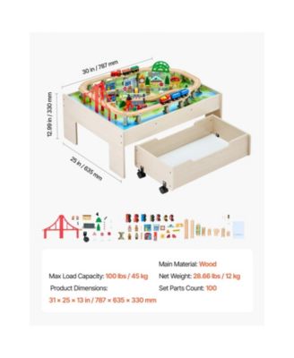 Kids Train Table with 100-Piece Wooden Set and Storage Drawer