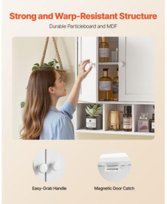 Bathroom Wall Cabinet, 2 Doors, Adjustable Shelf, Wall-Mounted Over-Toilet Storage w/ Open Shelves, White