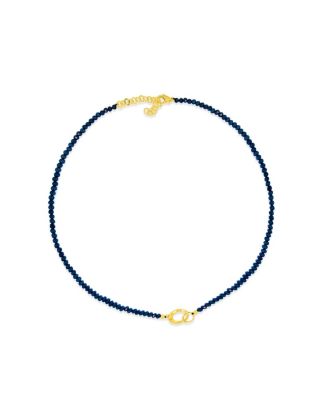 Created Blue Sapphire Bead Necklace with Silver over Gold and CZ Enhancer Charm Clip