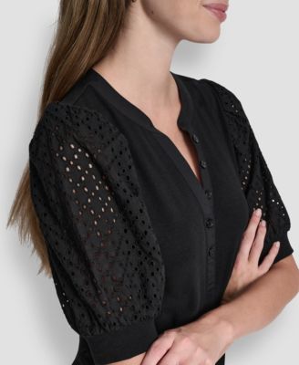 Petite Rib Body Eyelet V-Neck Top