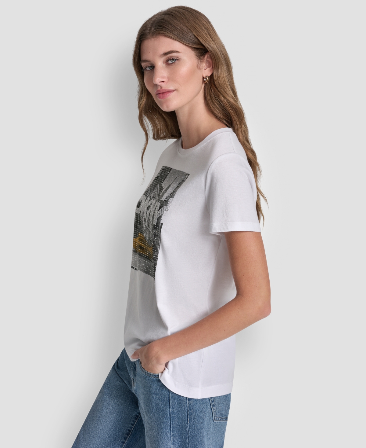 Dkny Jeans Petite Rhinestone Taxi Crewneck T-Shirt