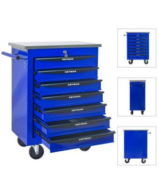 7 Drawers Multifunctional Tool Cart with Wheels Metal Rolling Tool Cart Storage with Stainless Steel Roof Black Blue