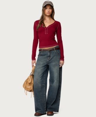 Women's Yael Contrast Stitch Henley Top