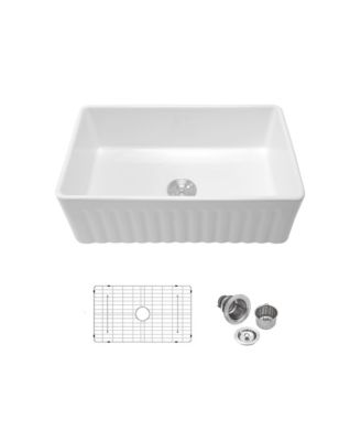 33x18x10inch White Porcelain Ceramic Single Bowl Reversible Design Kitchen Sink with Stainless Steel Accessories