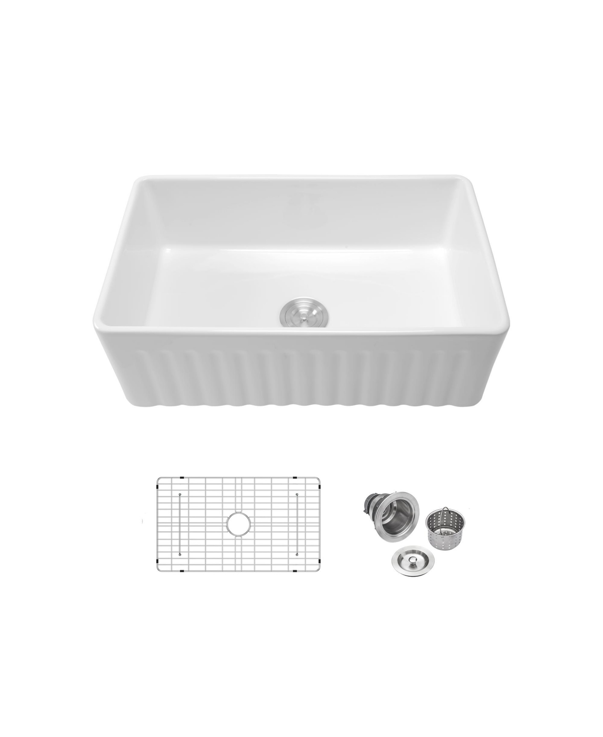 flynama 33x18x10inch White Porcelain Ceramic Single Bowl Reversible Design Kitchen Sink with Stainless Steel Accessories