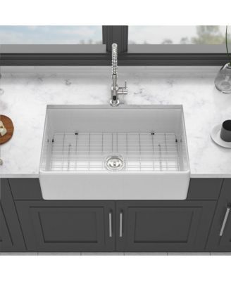 33x18x10inch White Porcelain Ceramic Single Bowl Reversible Design Kitchen Sink with Stainless Steel Accessories