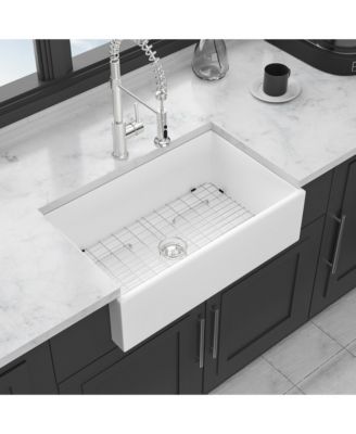 33x18x10inch White Porcelain Ceramic Undermount Single Bowl Apron Front Farmhouse Kitchen Sink with Stainless Steel Accessories