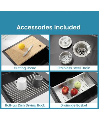 33inch Overmount Single Bowl Black 304 Stainless Steel Handmade Kitchen Sink with Cutting Board and Colander