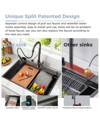 huluwat Gunmetal Black Waterfall Kitchen Sink Workstation Smart Pull Out Faucet Combo