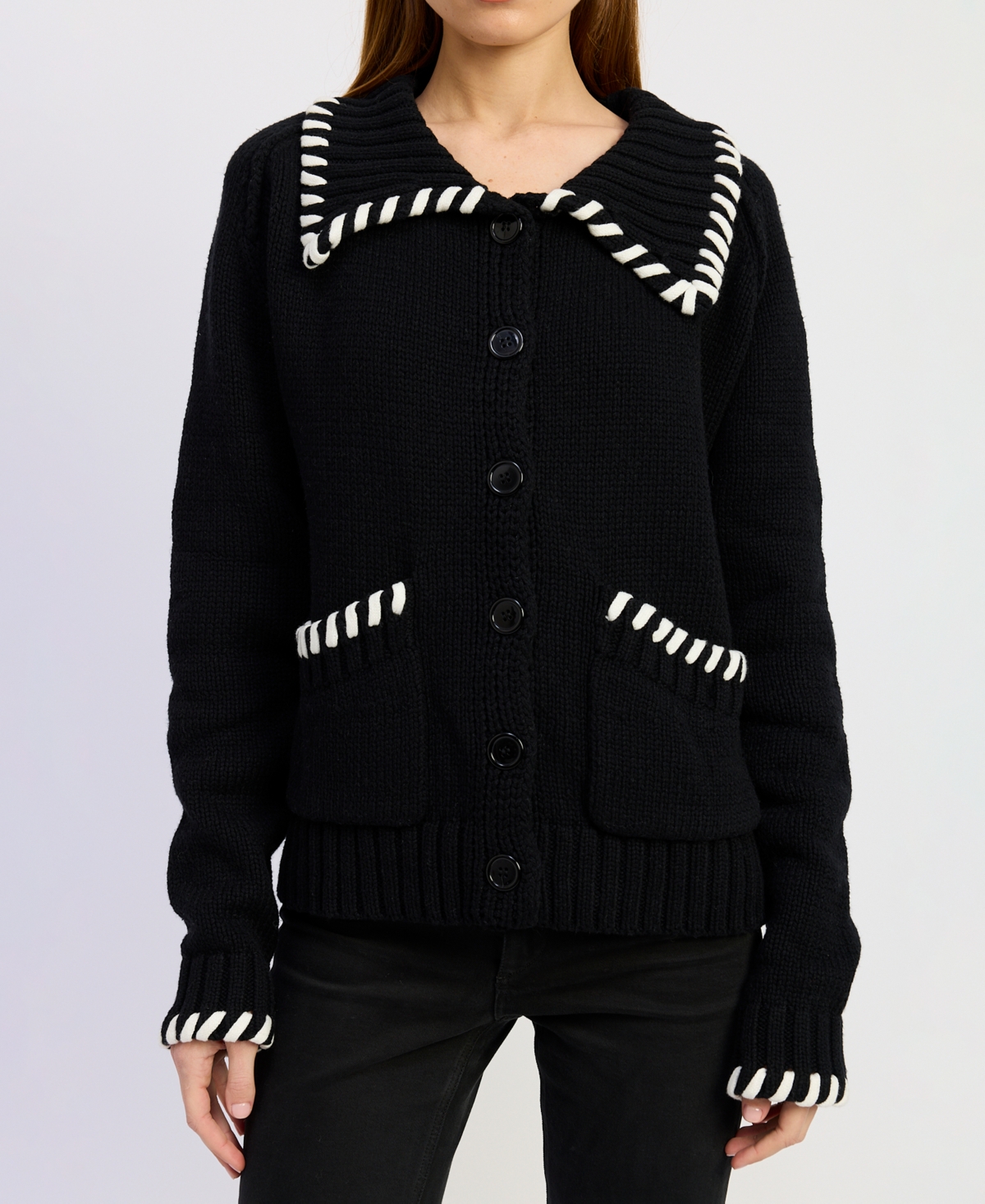En Saison Women's Piper Whipstitch Spread Collar Cardigan Sweater