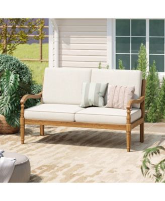 Mondawe Outdoor Acacia Wood Loveseat With Cushions, Natural Finish With Beige Fabric