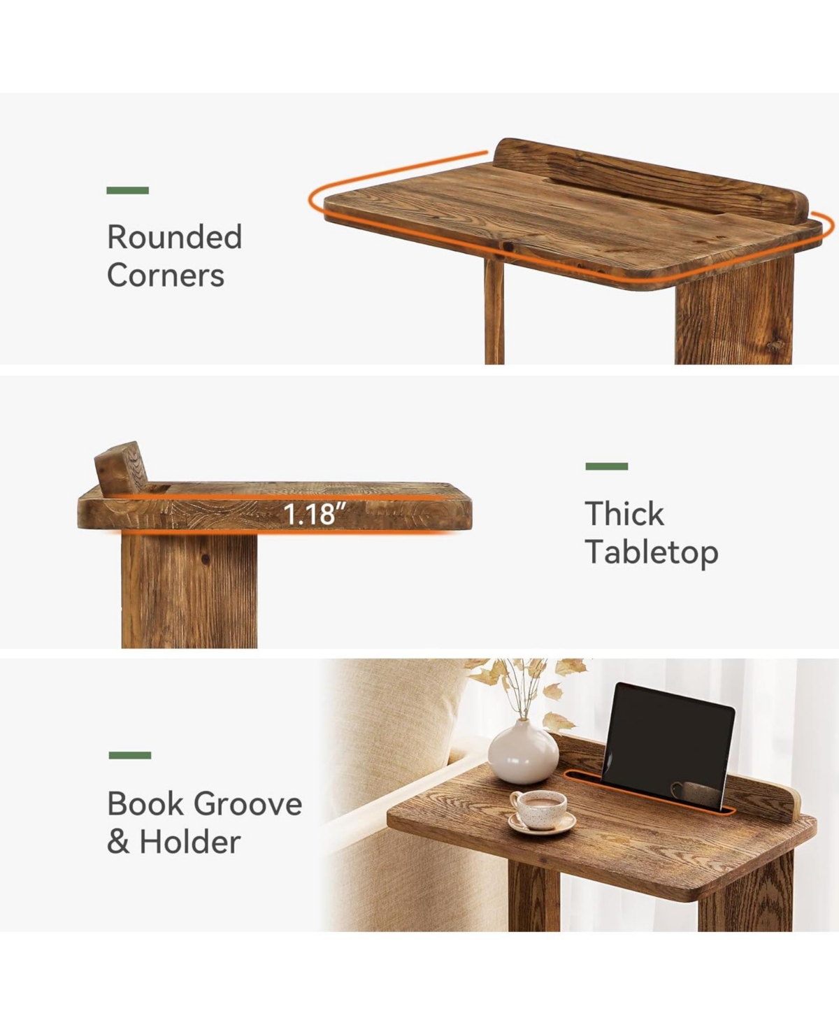 Tribesigns Solid Wood C-Shaped End Table, Farmhouse Wooden Side Table with Book Groove & Holder, 2-Tier Bedside Nightstand