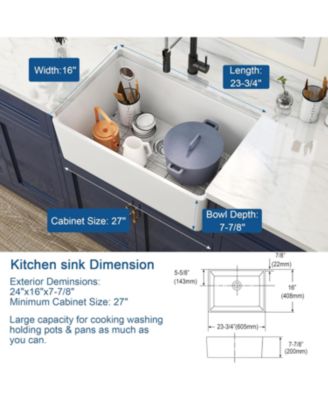 24x16inch White Fireclay Farmhouse Sink Apron Front Porcelain Ceramic Single Basin