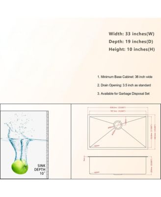 33x19x10inch Gunmetal Black Kitchen Sink Undermount Single Bowl Stainless Steel 16 Gauge