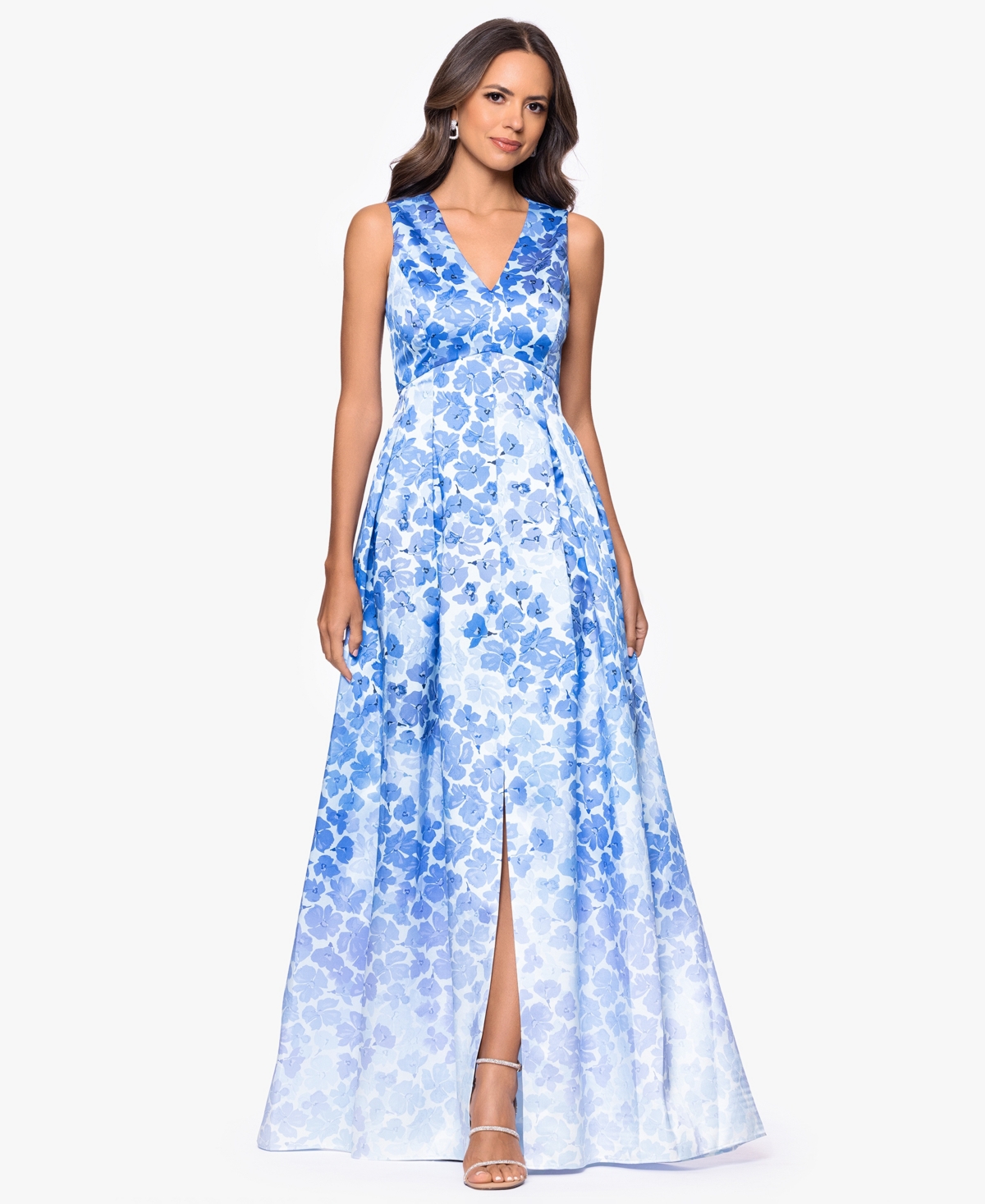 Betsy & Adam Women's Floral Printed V-Neck Gown