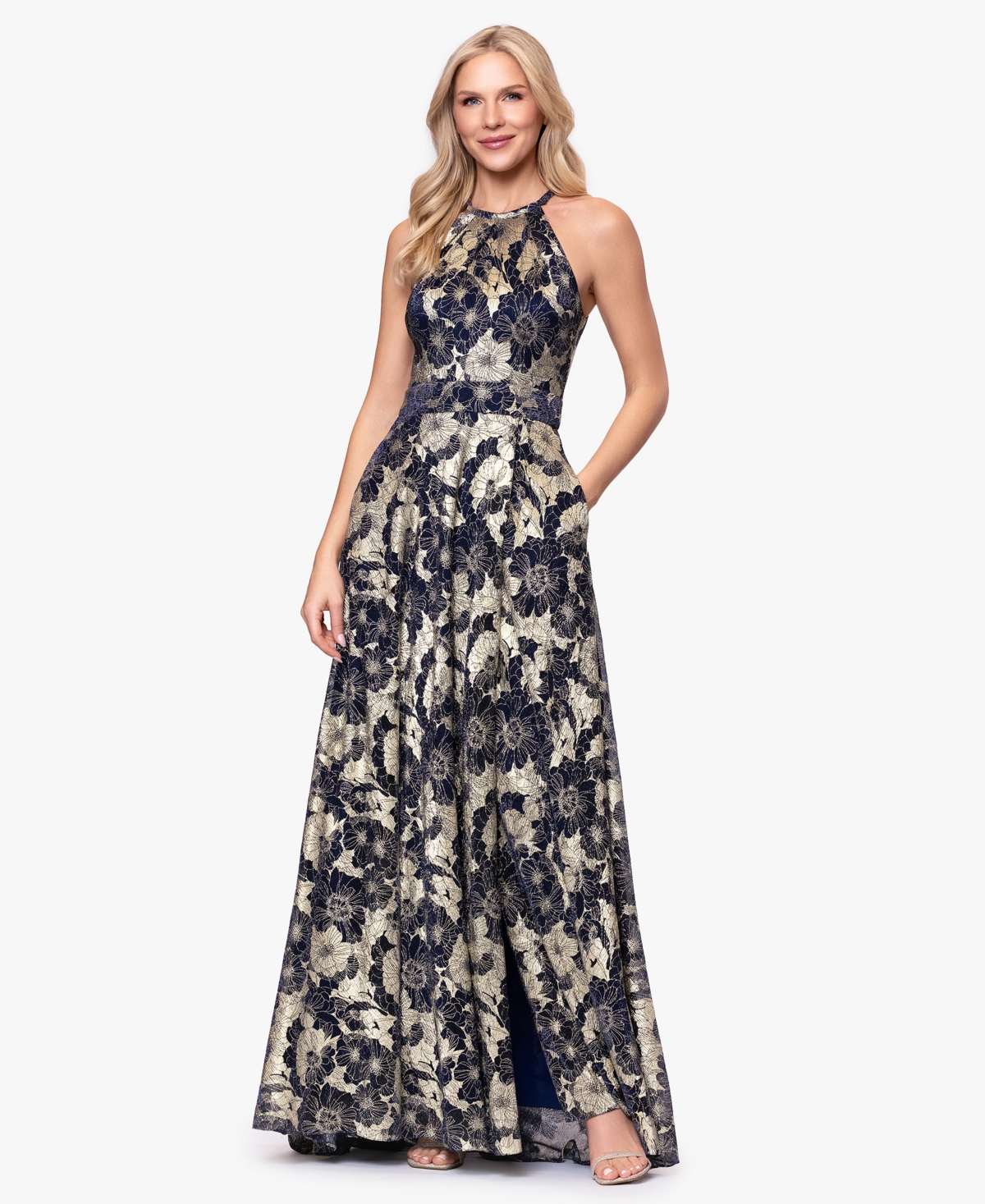 B&A By Betsy and Adam Women's Halter Neck Wrap Foil Gown