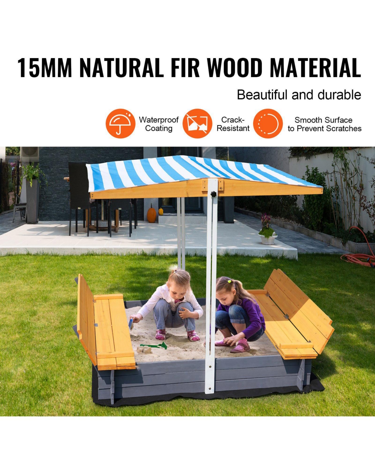 Mecale Wooden Sandbox w/ Canopy, 57.3" x 47.2" x 47.2", Foldable Bench Seats & Bottom Liner, Ages 3-12