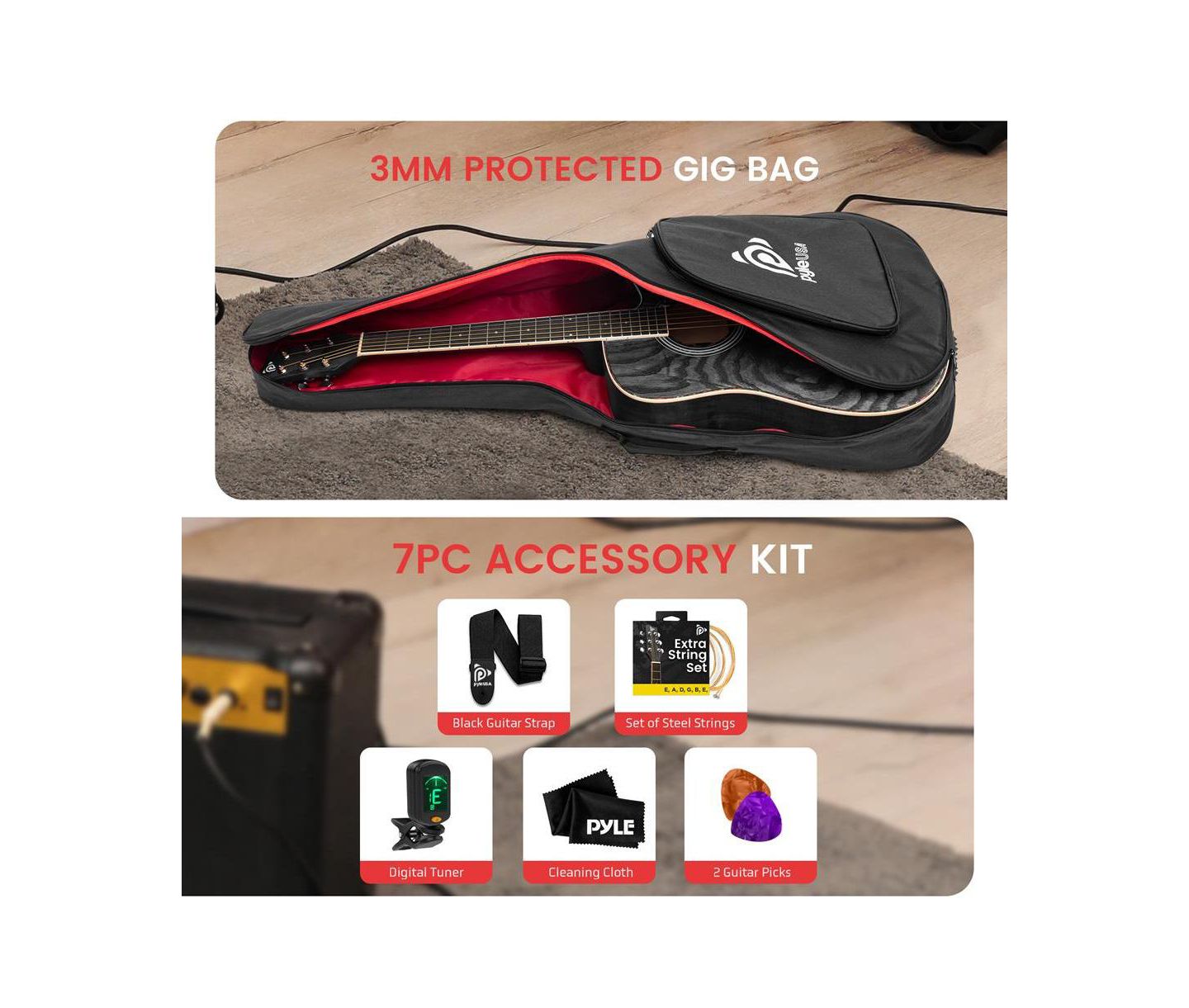 Детские игрушки Pyle 41 Steel Strings Acoustic Guitar Sunburst Teardrop Full-Size Beginner 7-Piece Music Kit, Ages 14 & Up, цвет: Чёрный — фото 4