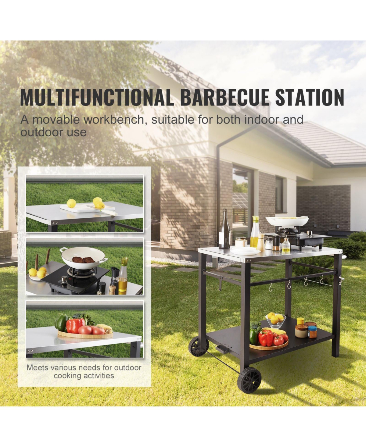 Outdoor Grill Dining Cart, Double Shelf, Stainless Steel Top, 2 Wheels, Carry Handle, Food Prep Table