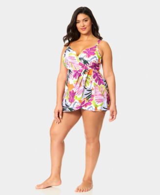 Plus Size V-Neck Printed Surplice Skirted Swim Dress