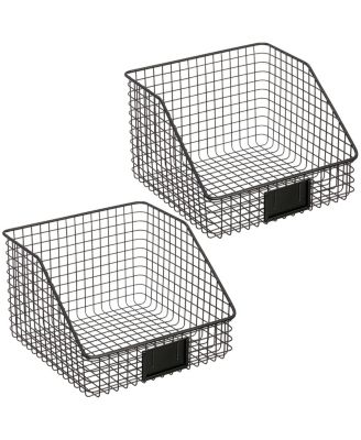 Metal Open-Front Pantry Basket with Label Plate - Set of 2 - Matte Black