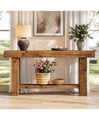 63-Inch Solid Wood Long Console Table, Farmhouse Narrow Entryway Sofa Table with 2-Tier Storage, Rustic Brown