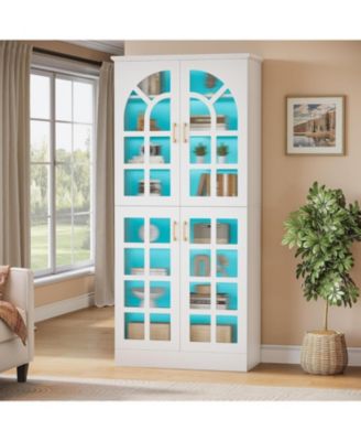 8-Tier Bookshelf with Doors and LED Lights, 68.9" Tall Bookcase with Adjustable Shelves, Modern Wooden Display Cabinet, White