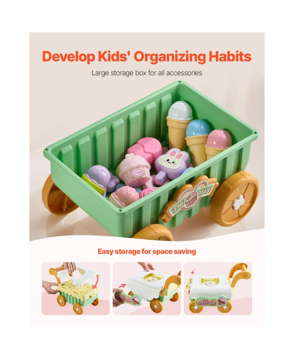 Slickblue Ice Cream Cart for Kids, 27 Pcs Accessories, Pretend Play Store with Storage Trolley with Pretend Money