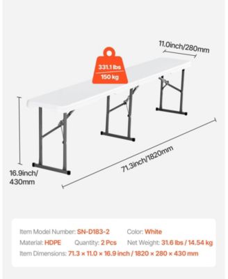 Plastic Folding Bench, 6 ft Portable Foldable HDPE Bench for Indoor Outdoor Picnic, Patio, Camping and Events, 2 Pack, White