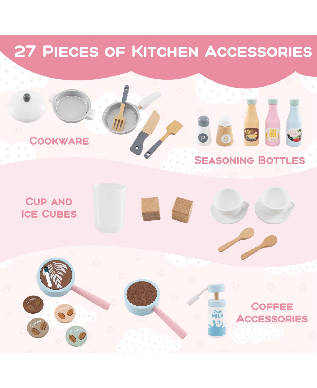 Hongge Wooden Kids Play Kitchen with Ice Maker Coffee Station and Storage