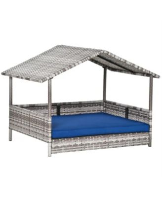 Rattan Dog House with Dark Blue Cushion for Outdoor in Gray