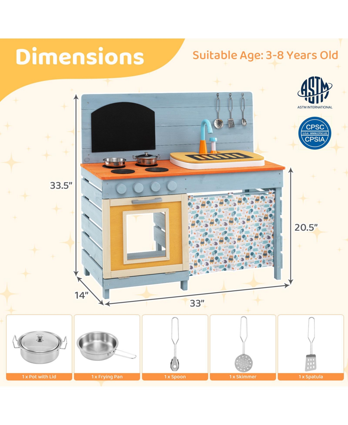 Hongge Wooden Kids Play Kitchen With Circulation Faucet Chalkboard Storage Shelves And Accessories