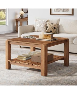 31.5" Solid Wood Coffee Table, 2-Tier Square Center Table with Rounded Corners, Modern Rustic Coffee Furniture