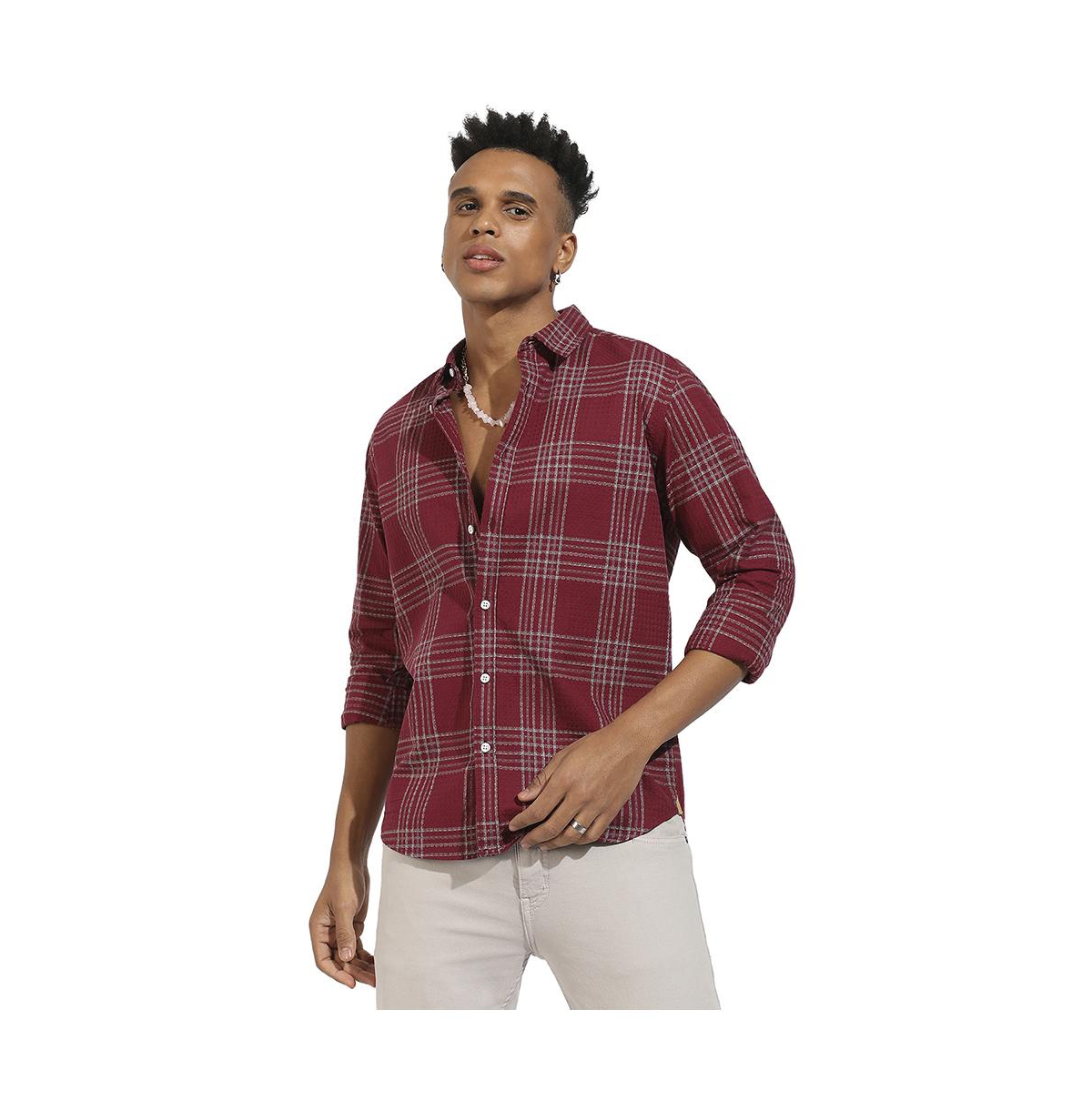 Campus Sutra Men's Maroon Red Chalk Tartan Plaid Shirt