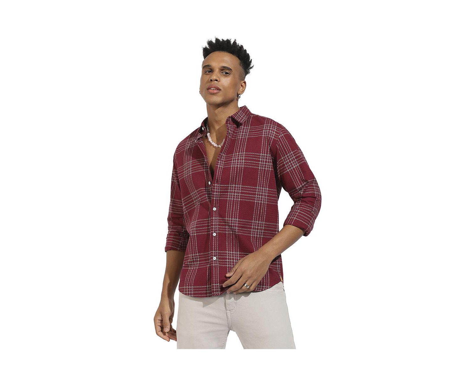 Men's Maroon Red Chalk Tartan Plaid Shirt