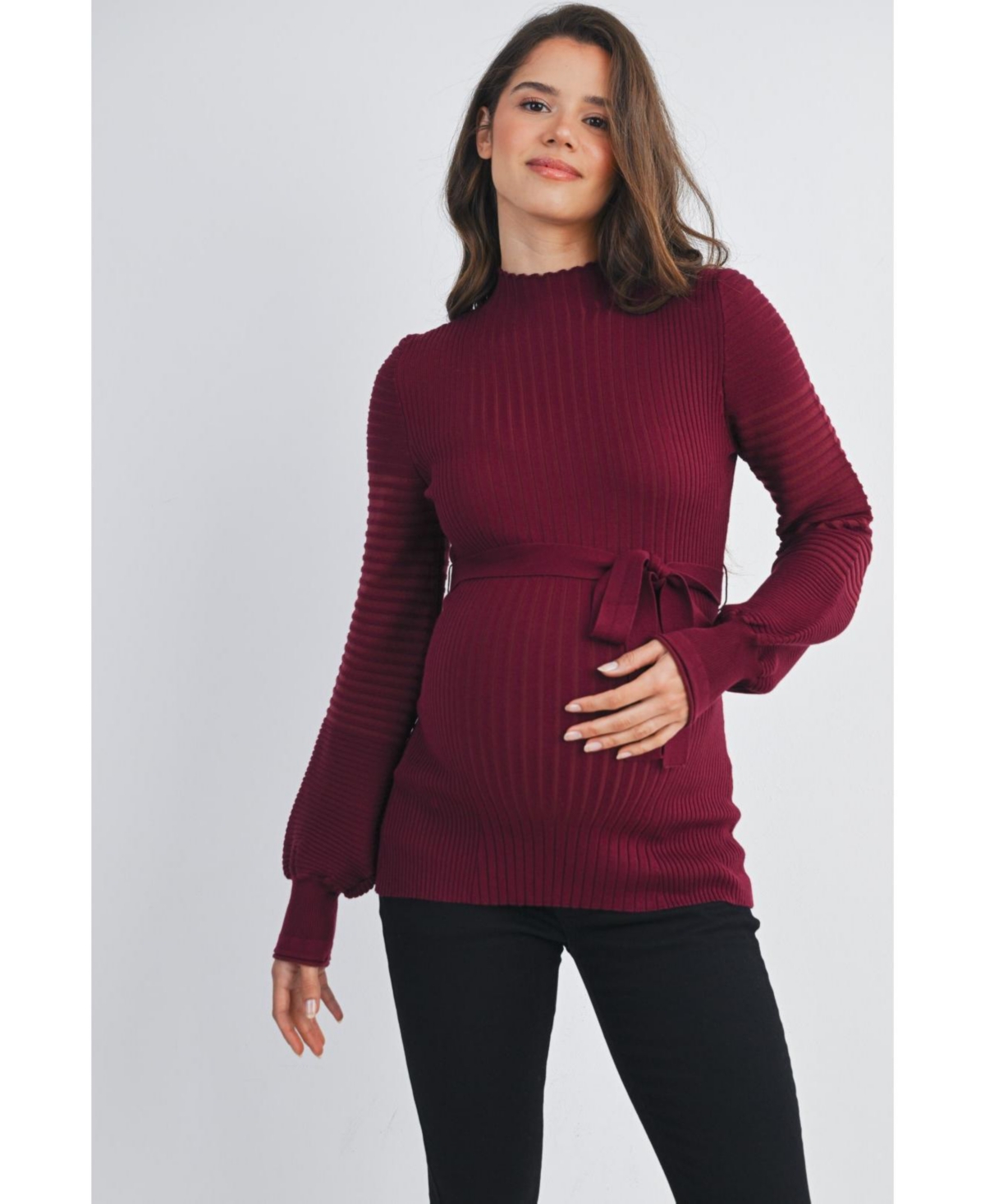 Hello Miz Maternity Mock Neck Long Sleeve Belted Sweater