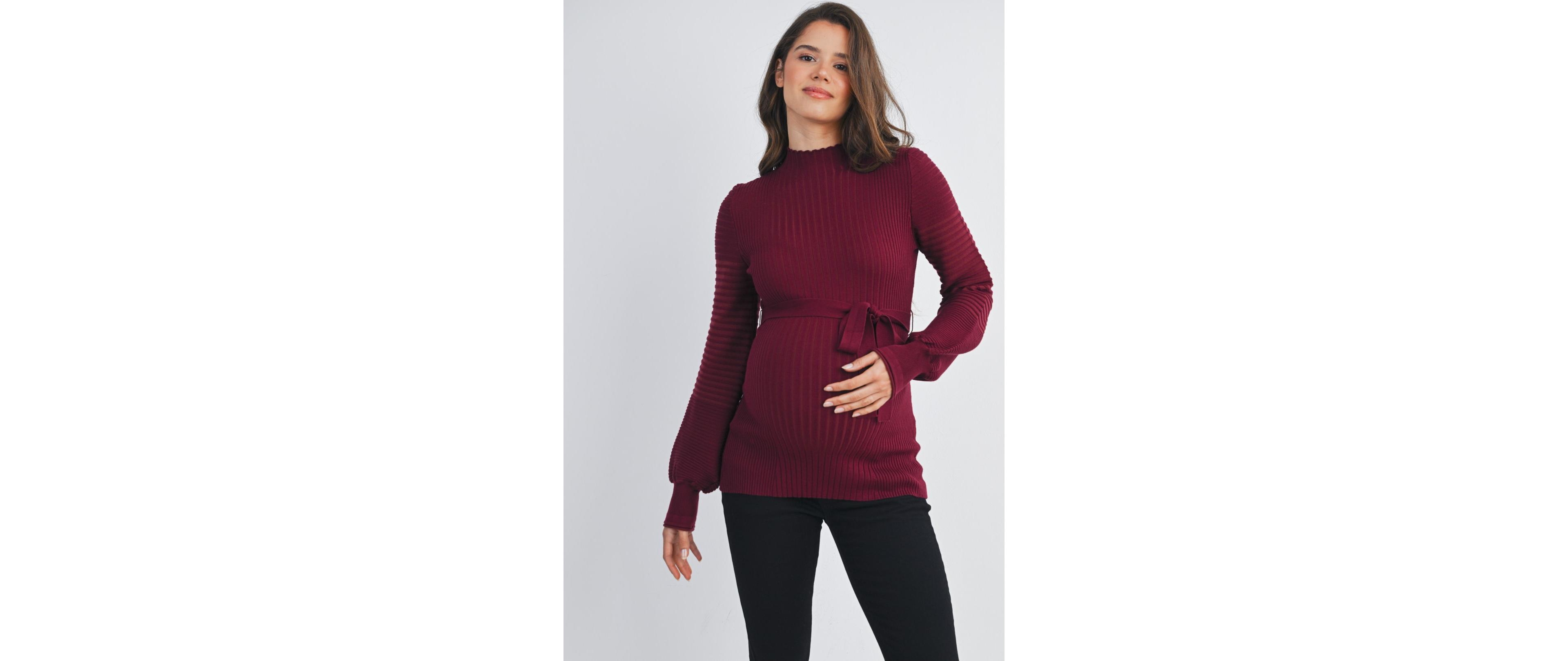 Hello Miz Maternity Mock Neck Long Sleeve Belted Sweater