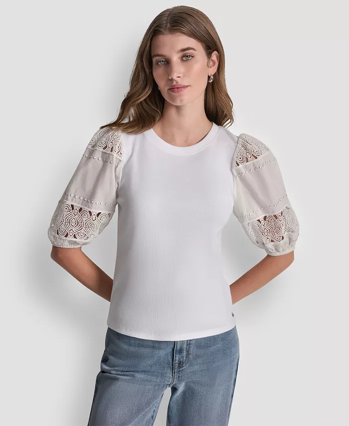 DKNY Jeans Women's Crew Neck Lace Eyelet Pull-On Top
